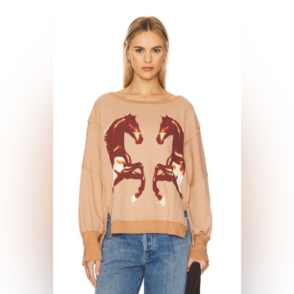 Free People Sweaters - Free People Tan Crewneck Sweater with Horse Print